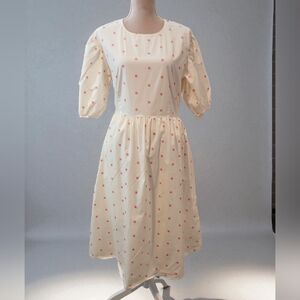 Sweet Salt Cream Pink Polka Dot Modest Dress Medium Puff Sleeves Cottagecore